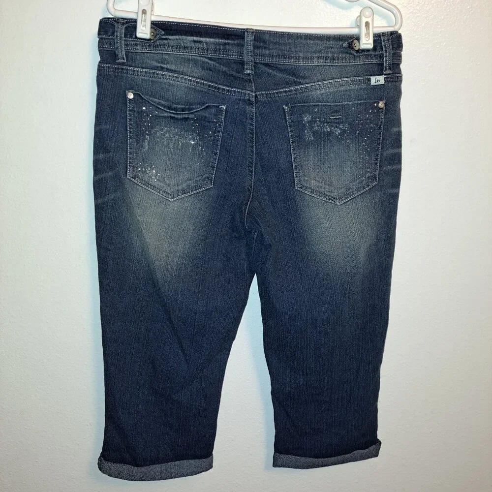 L.e.i  Jeans Ashley Lowrise Distressed Capris w/Rhinestone Embellishments NWT - Picture 7 of 11